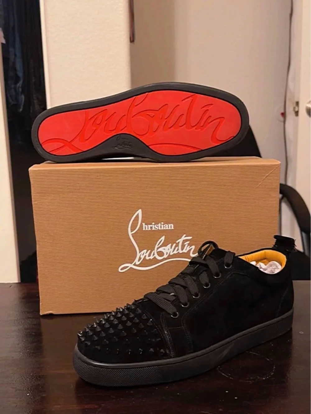 Christian Louboutin Men’s Black Suede Spike-Embellished Low Top Sneakers